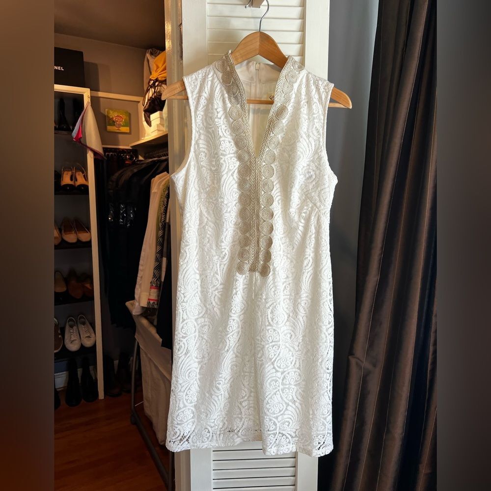 Eliza J White Lace Dress with Tunic Style Gold Trim